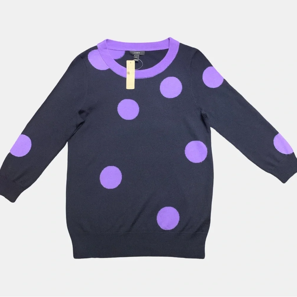 J. Crew Black Crewneck Sweater with Purple Polka Dots